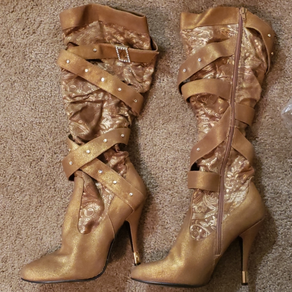 Baby Phat Gold Brocade Criss Cross Knee High Boots